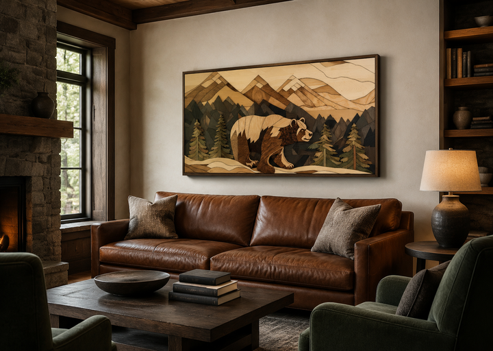 Rustic wood panel bear painting on a wall above a brown leather sofa in a cabin-style living room.