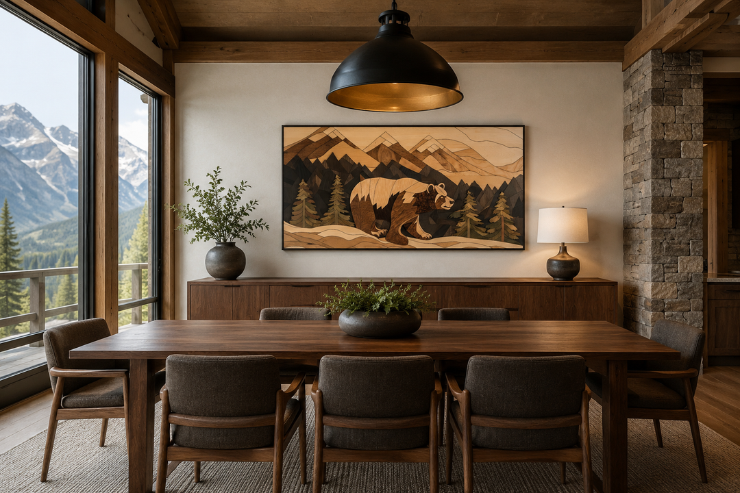 Rustic bear painting on wood panel wall art in a mountain cabin dining room.