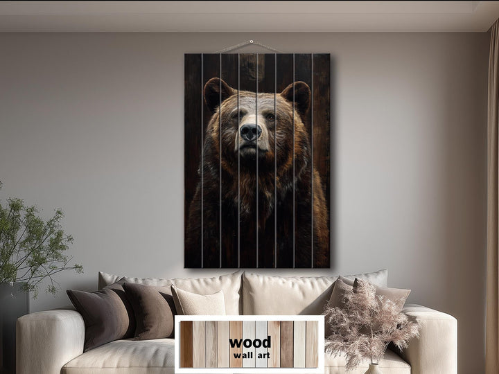 Bear Portrait Dark Brown Distressed Wood Wall Art