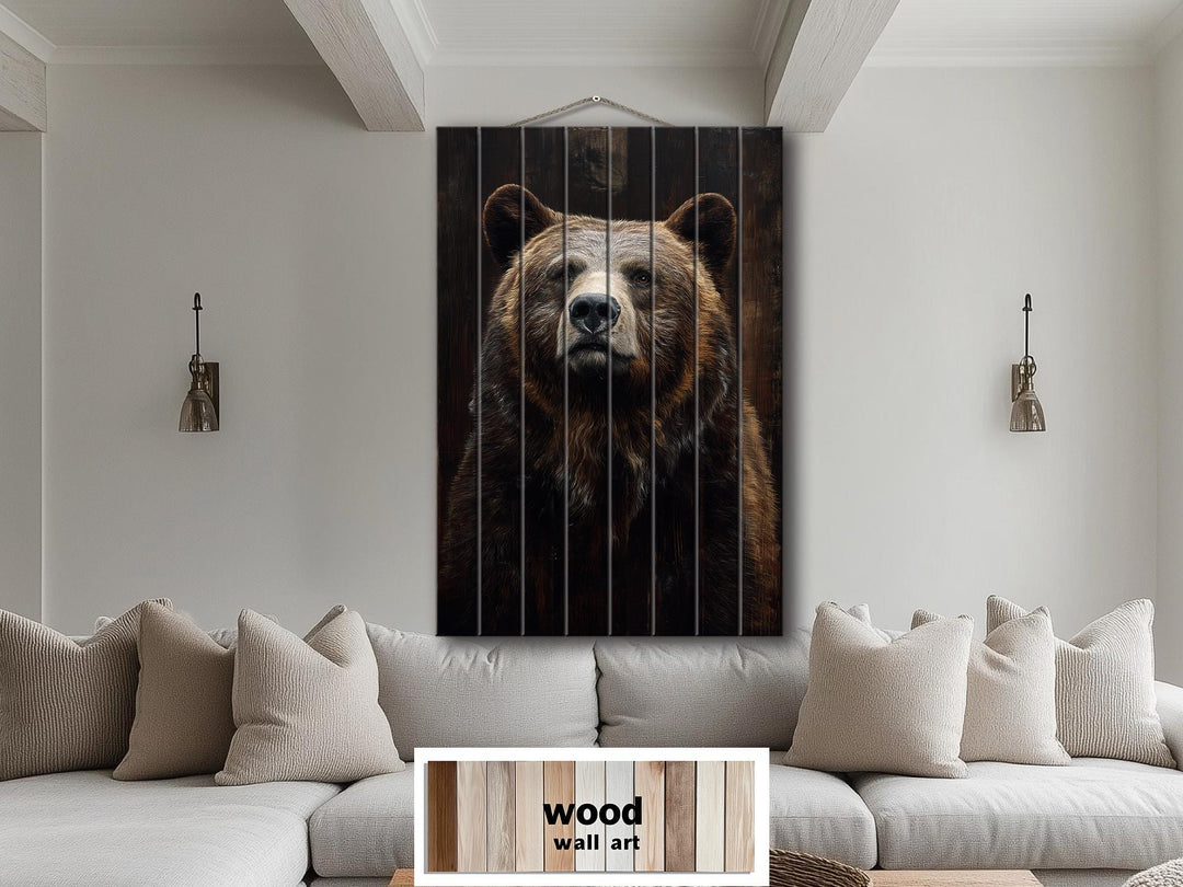 Bear Portrait Dark Brown Distressed Wood Wall Art