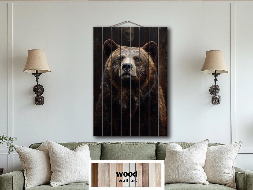 Bear Portrait Dark Brown Distressed Wood Wall Art