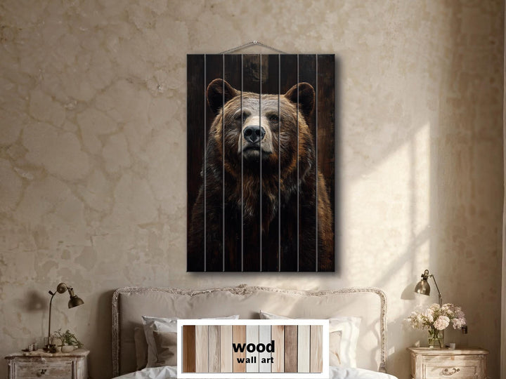 Bear Portrait Dark Brown Distressed Wood Wall Art