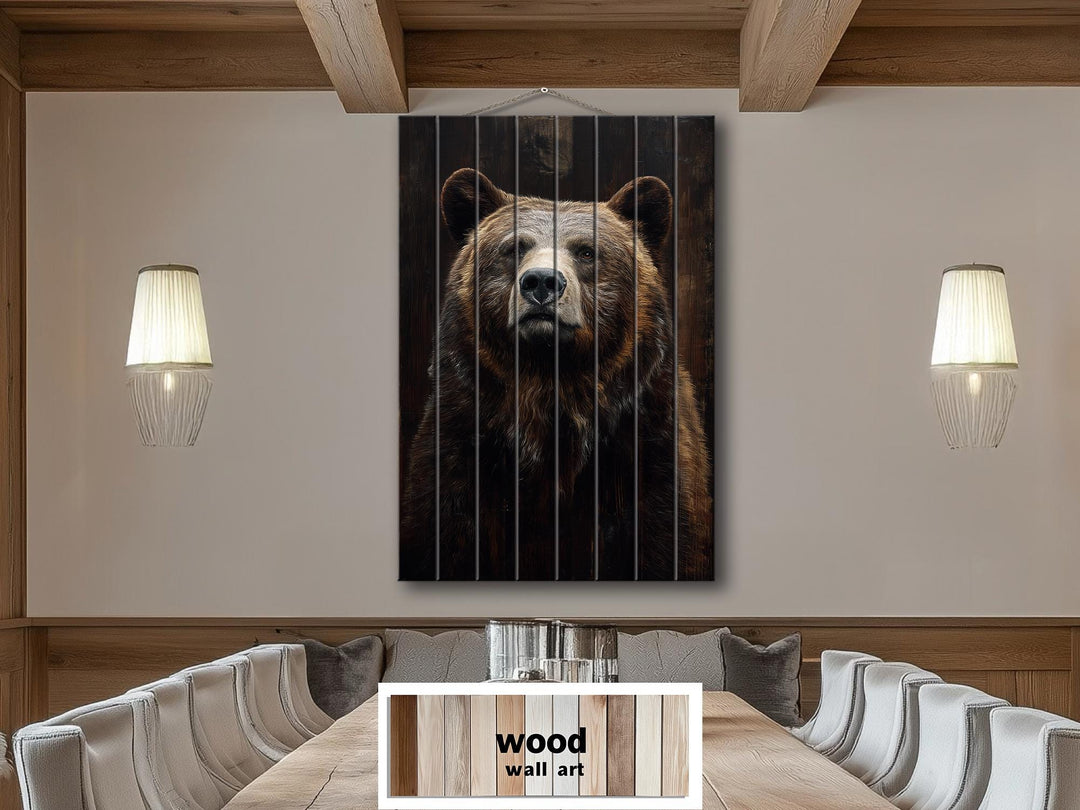 Bear Portrait Dark Brown Distressed Wood Wall Art