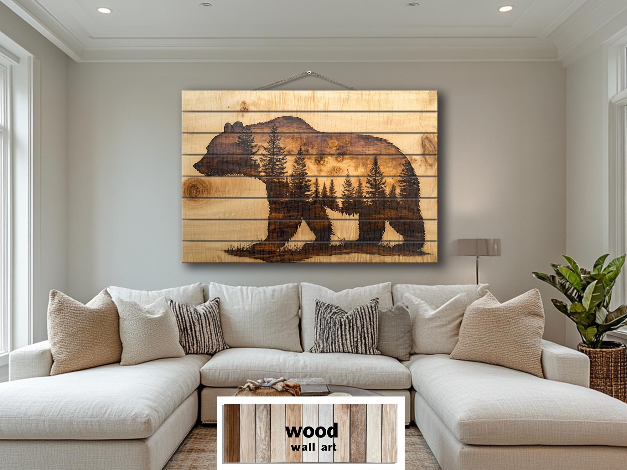 Bear Silhouette Pine Forest Real Wood Wall Art | Rustic Decor