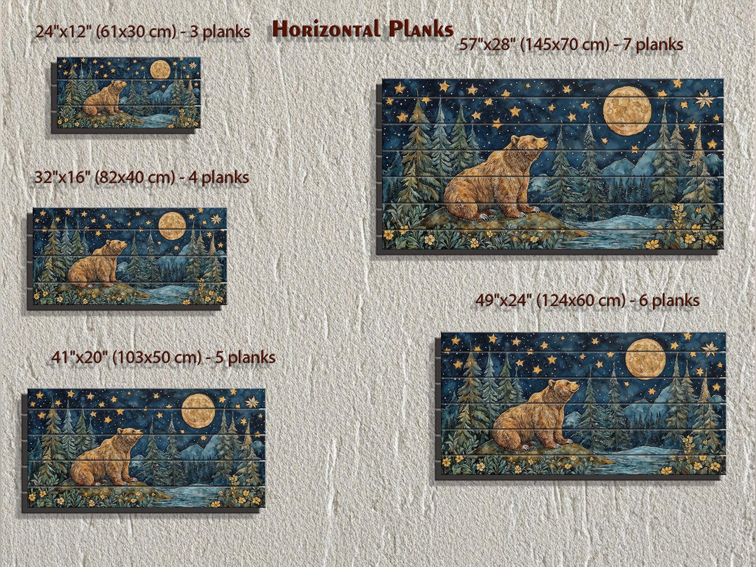 Rustic bear and full moon mountain scene printed on horizontal wooden planks in five size options.