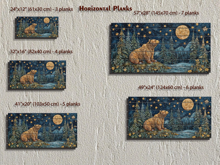 Rustic bear and full moon mountain scene printed on horizontal wooden planks in five size options.