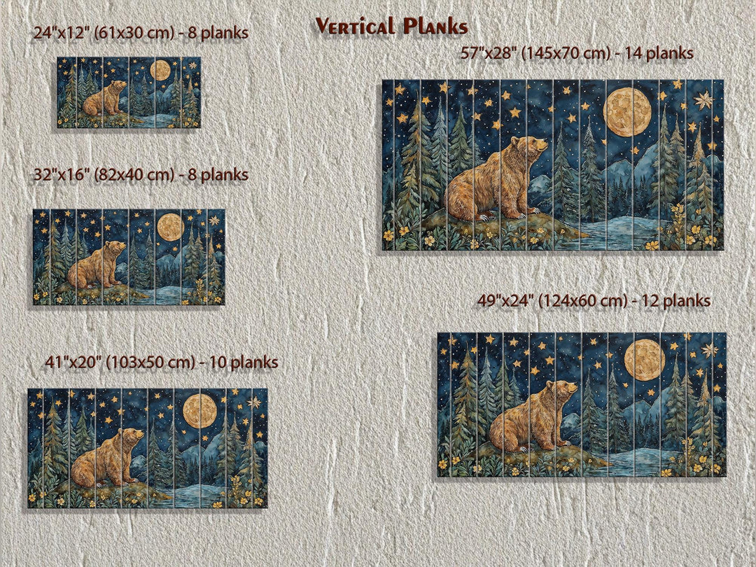 Rustic bear and full moon mountain scene printed on vertical wood planks in five size options.