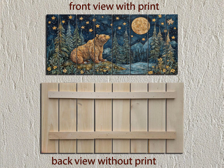 Front and back views of a rustic wood wall art panel featuring a bear under a full moon at night.