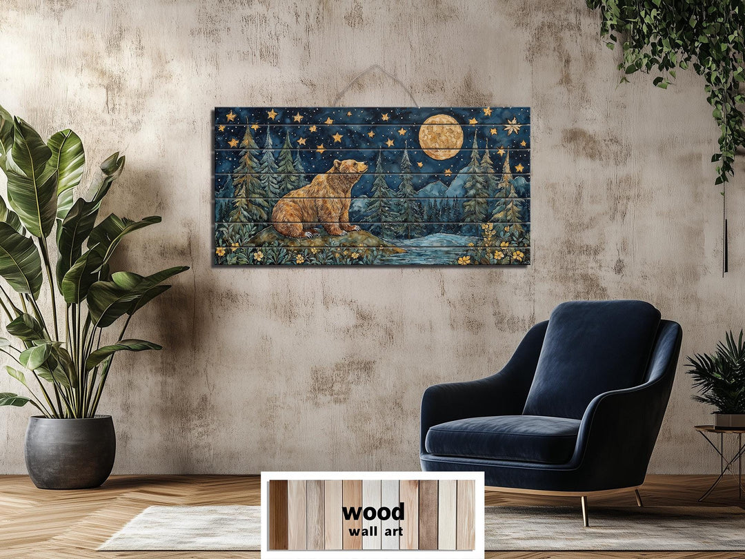 Rustic wood wall art featuring a bear under a full moon and stars in a mountain forest scene.