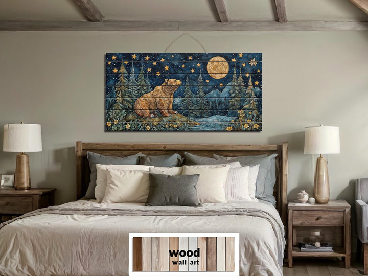 Rustic wood wall art featuring a bear under a full moon, displayed above a bed in a cozy bedroom.