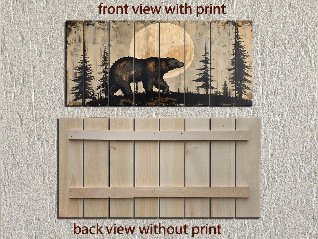Rustic bear and moon forest scene printed on a multi-panel distressed wood wall art piece.