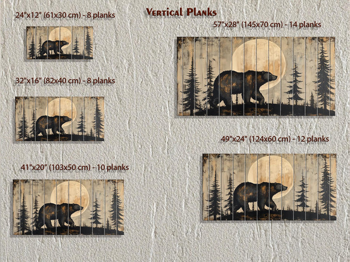 Rustic bear and moon forest scene printed on vertical wood planks in five different size options.