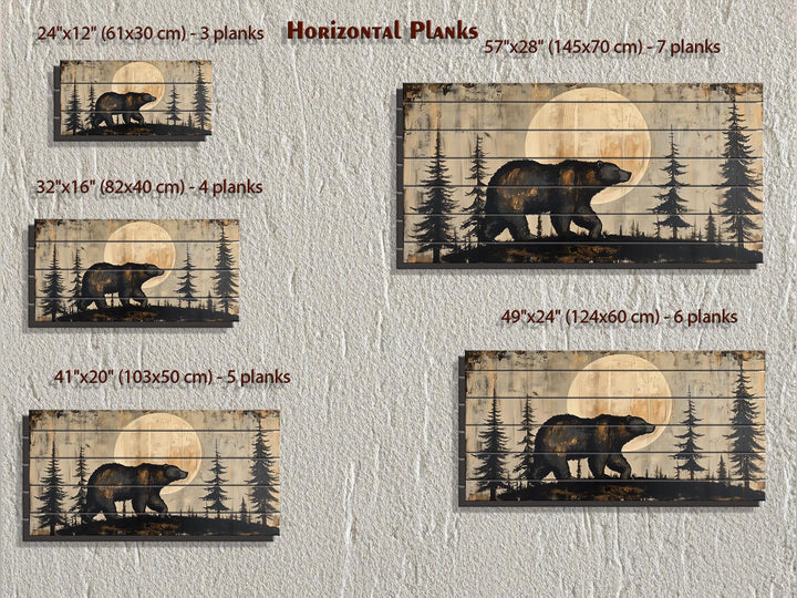 Rustic bear and forest scene on horizontal wood planks, available in five different sizes.