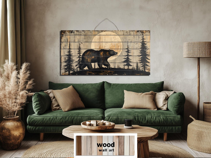 Rustic bear and moon forest scene printed on horizontal distressed wood planks for wall decor.