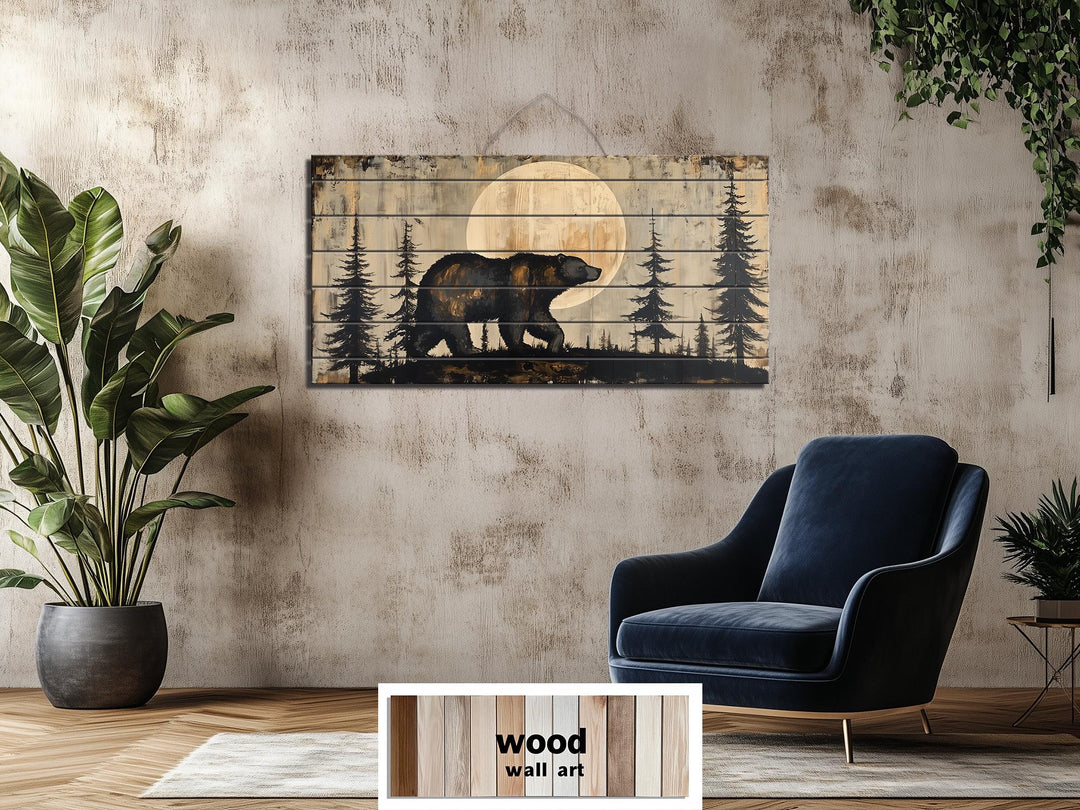 Rustic bear and moon forest scene printed on horizontal distressed wood planks for wall decor.