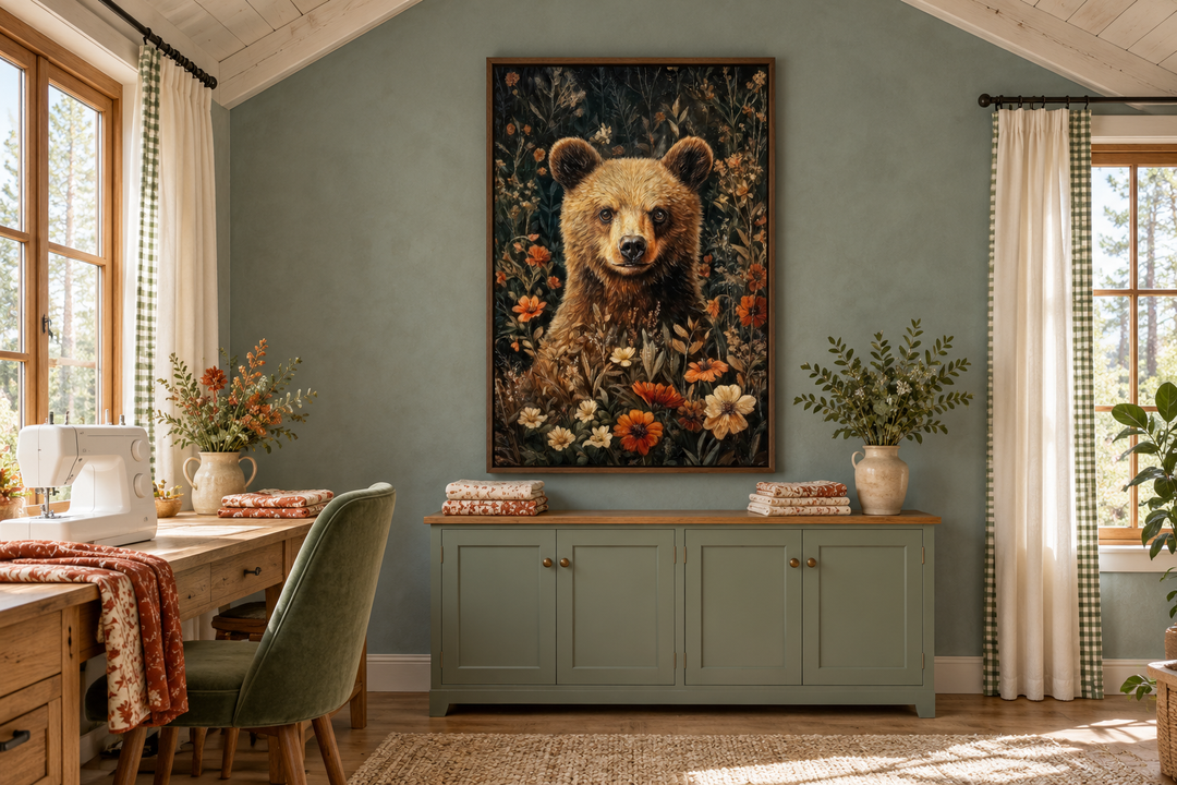 Süßer Bär in Blumen, von William Morris inspiriert, gerahmte Leinwand, Wandkunst 