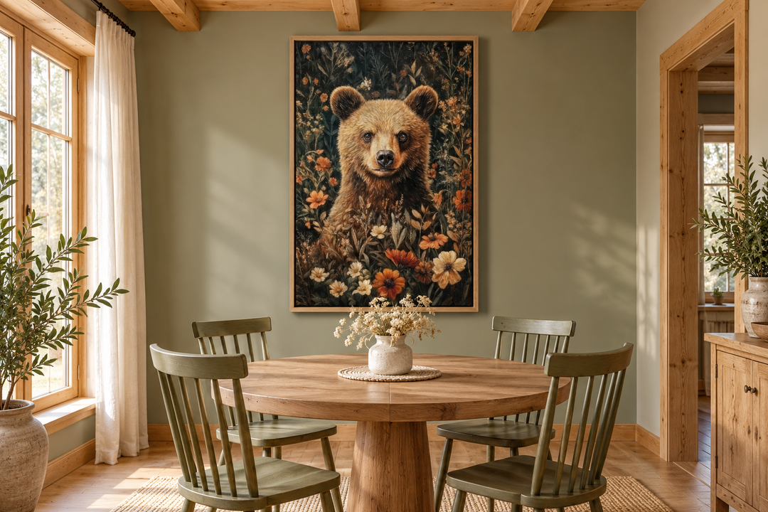 Süßer Bär in Blumen, von William Morris inspiriert, gerahmte Leinwand, Wandkunst 