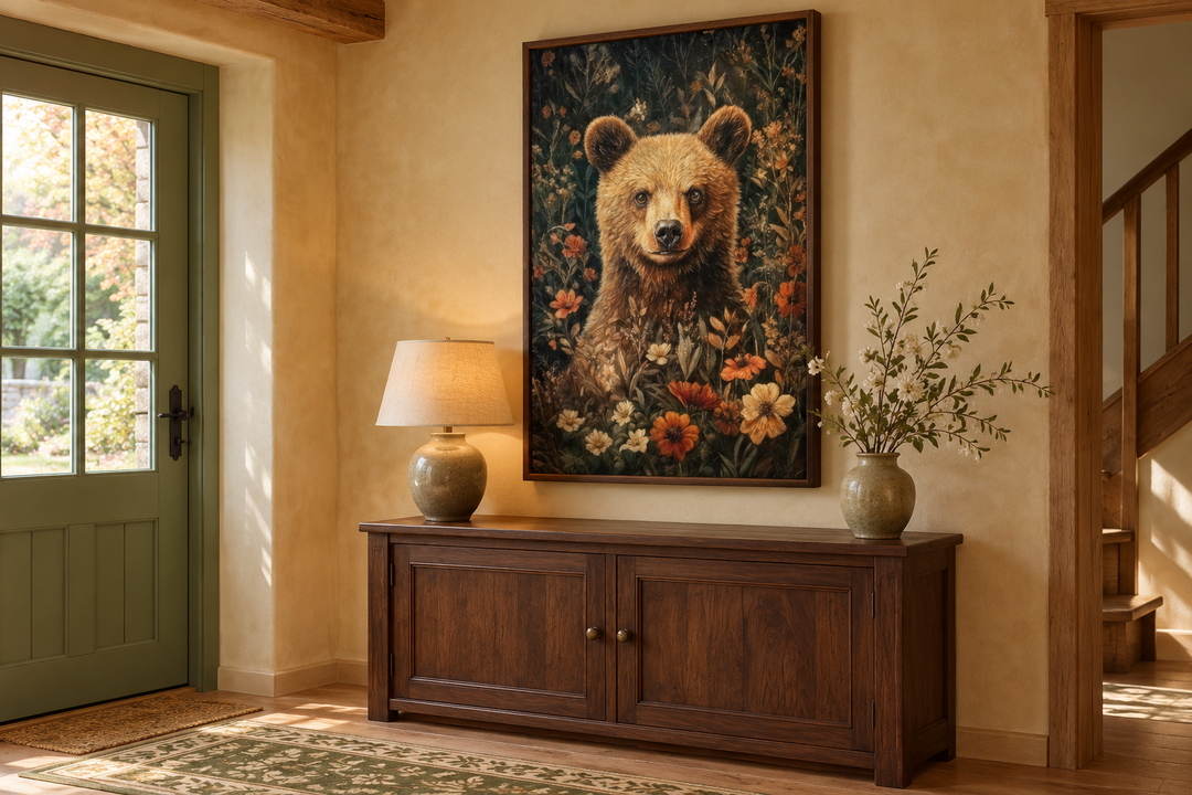 Süßer Bär in Blumen, von William Morris inspiriert, gerahmte Leinwand, Wandkunst 
