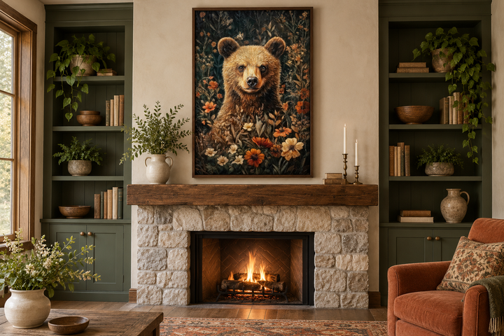 Süßer Bär in Blumen, von William Morris inspiriert, gerahmte Leinwand, Wandkunst 