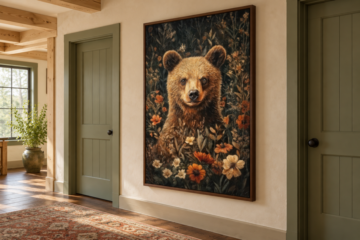 Süßer Bär in Blumen, von William Morris inspiriert, gerahmte Leinwand, Wandkunst 