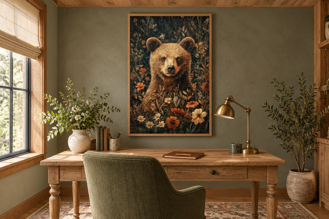 Süßer Bär in Blumen, von William Morris inspiriert, gerahmte Leinwand, Wandkunst 