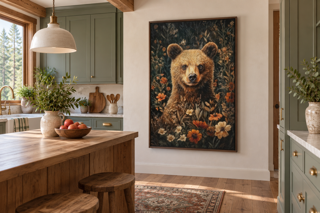 Süßer Bär in Blumen, von William Morris inspiriert, gerahmte Leinwand, Wandkunst 