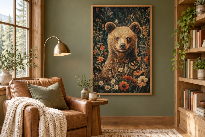 Süßer Bär in Blumen, von William Morris inspiriert, gerahmte Leinwand, Wandkunst 