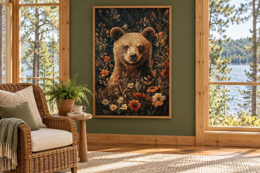 Süßer Bär in Blumen, von William Morris inspiriert, gerahmte Leinwand, Wandkunst 