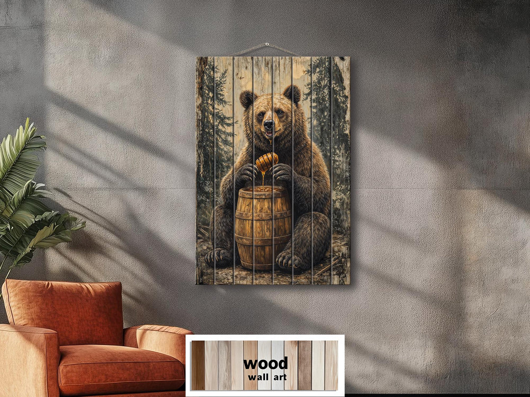 Vertical wood wall art featuring a bear with a honey barrel in a rustic, forest setting.