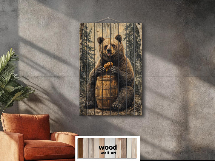 Vertical wood wall art featuring a bear with a honey barrel in a rustic, forest setting.