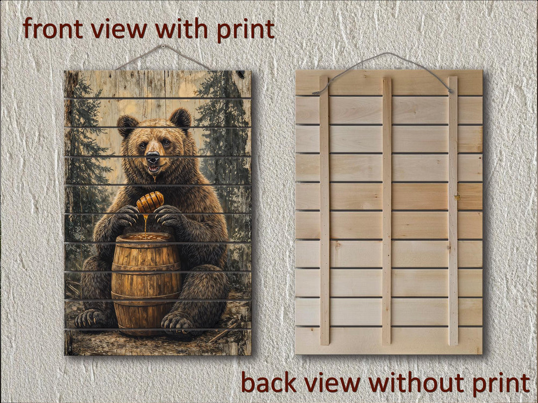 Rustic bear with honey barrel wall art printed on distressed wood planks with a hanging rope.