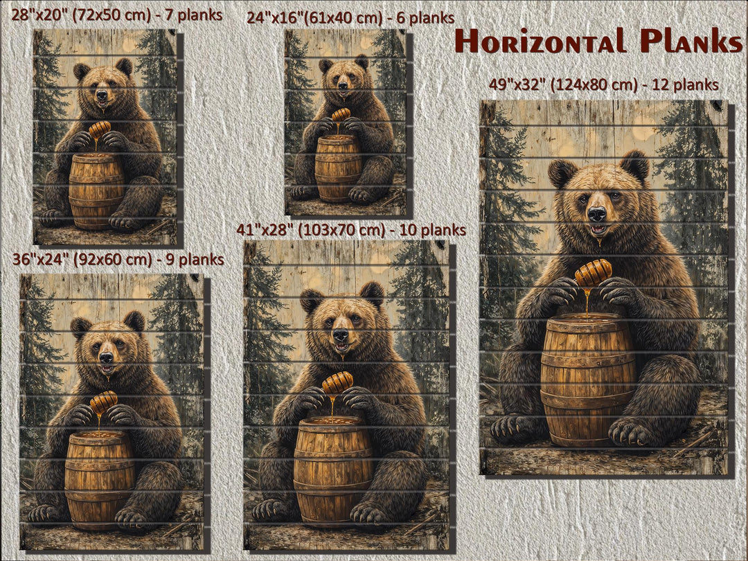 Rustic bear with honey barrel wall art on horizontal wood planks in five different sizes.