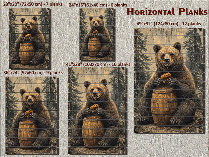 Rustic bear with honey barrel wall art on horizontal wood planks in five different sizes.
