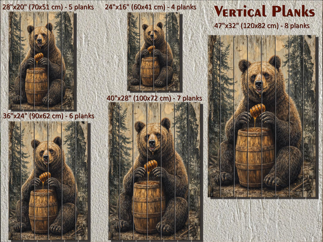Rustic bear with honey barrel wall art on vertical wood planks in five different sizes.