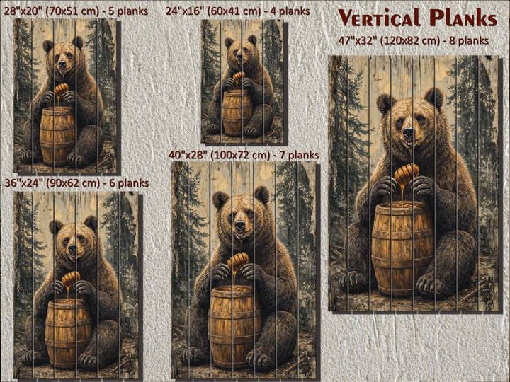 Rustic bear with honey barrel wall art on vertical wood planks in five different sizes.