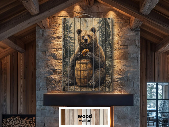 Vertical wood wall art featuring a bear with a honey barrel in a rustic cabin setting.