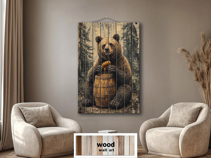 Vertical wood wall art featuring a bear with a honey barrel in a rustic cabin setting.