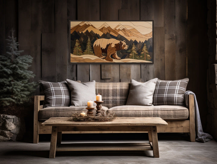 Bear in Mountains Wood Panel Effect Cabin Decor Framed Canvas Wall Art