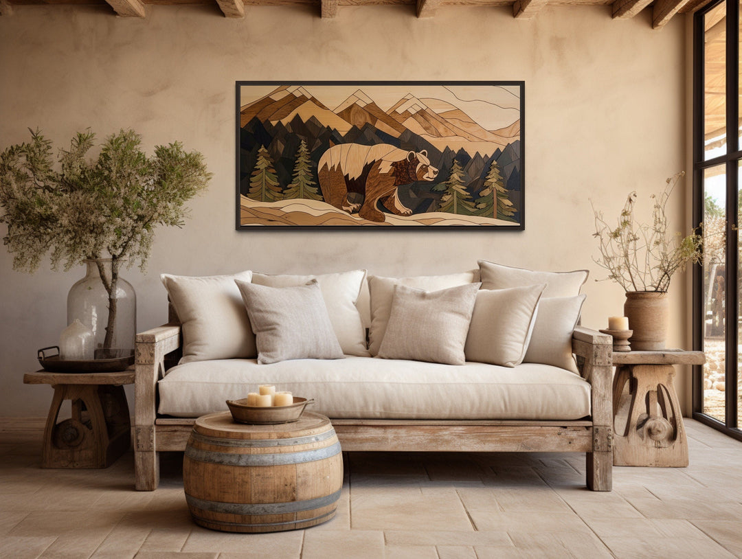 Bear in Mountains Wood Panel Effect Cabin Decor Framed Canvas Wall Art