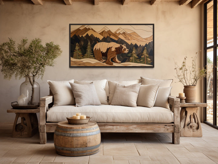 Bear in Mountains Wood Panel Effect Cabin Decor Framed Canvas Wall Art