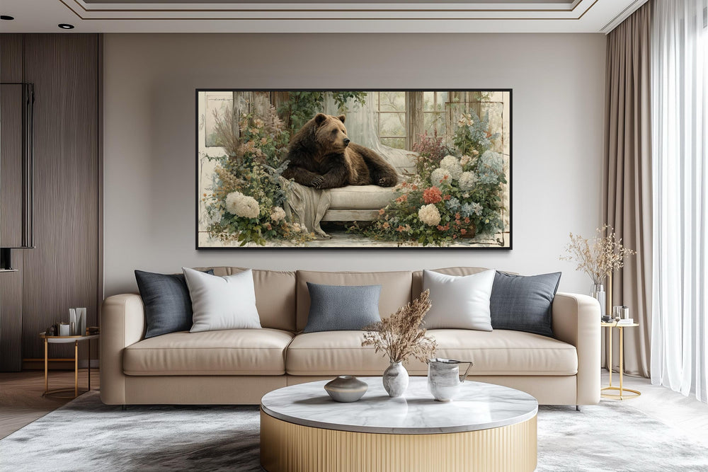 Bear on Couch Floral Canvas Wall Art