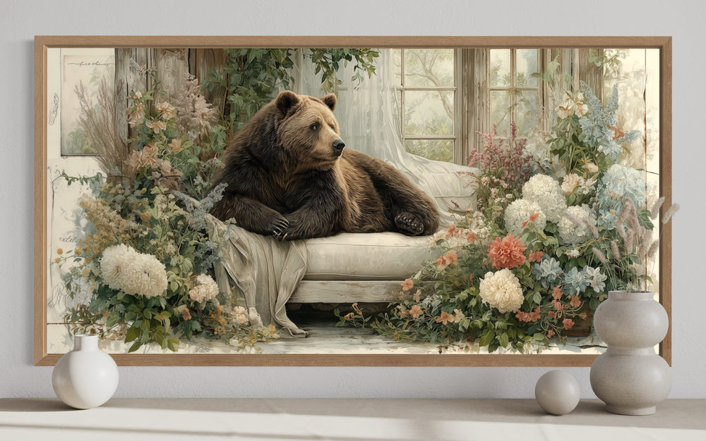 Bear on Couch Floral Canvas Wall Art