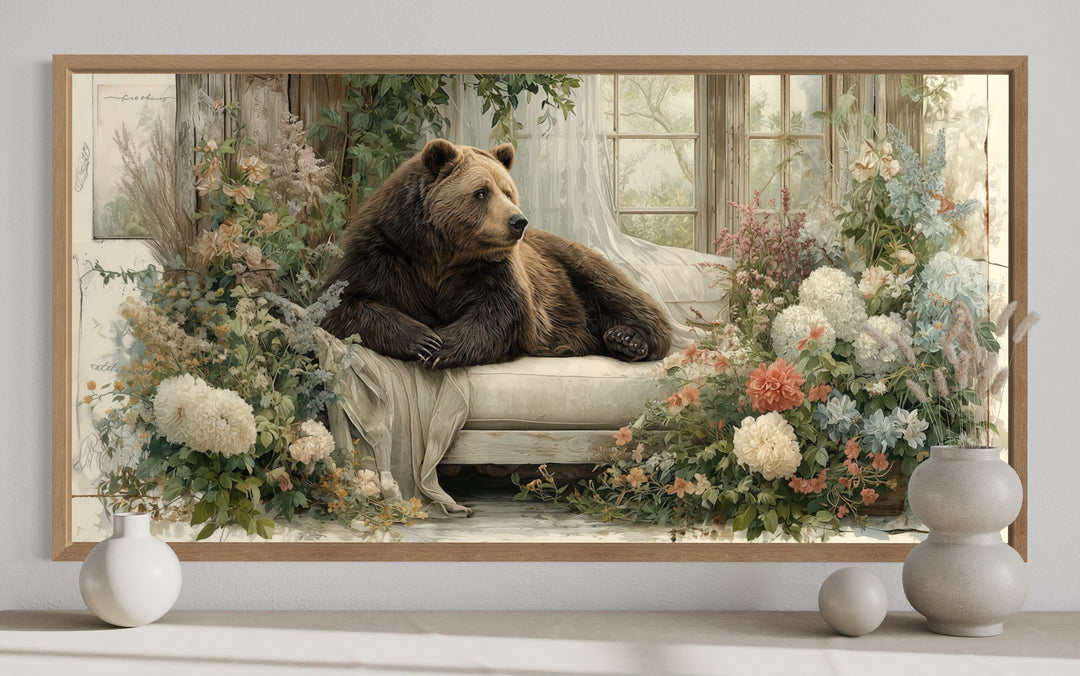 Bear on Couch Floral Canvas Wall Art