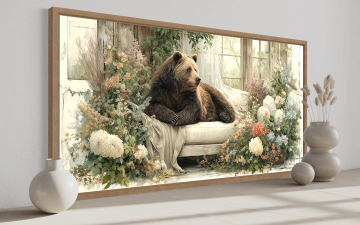 Bear on Couch Floral Canvas Wall Art