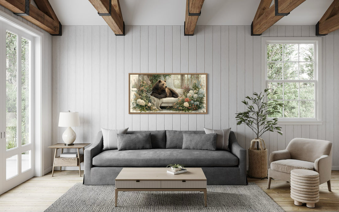 Bear on Couch Floral Canvas Wall Art