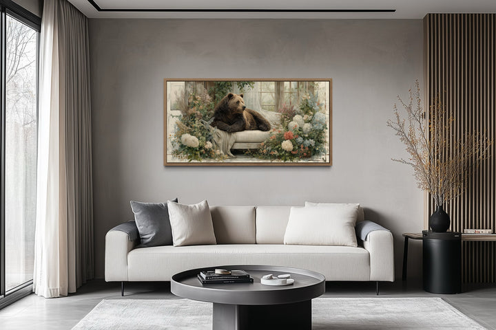 Bear on Couch Floral Canvas Wall Art