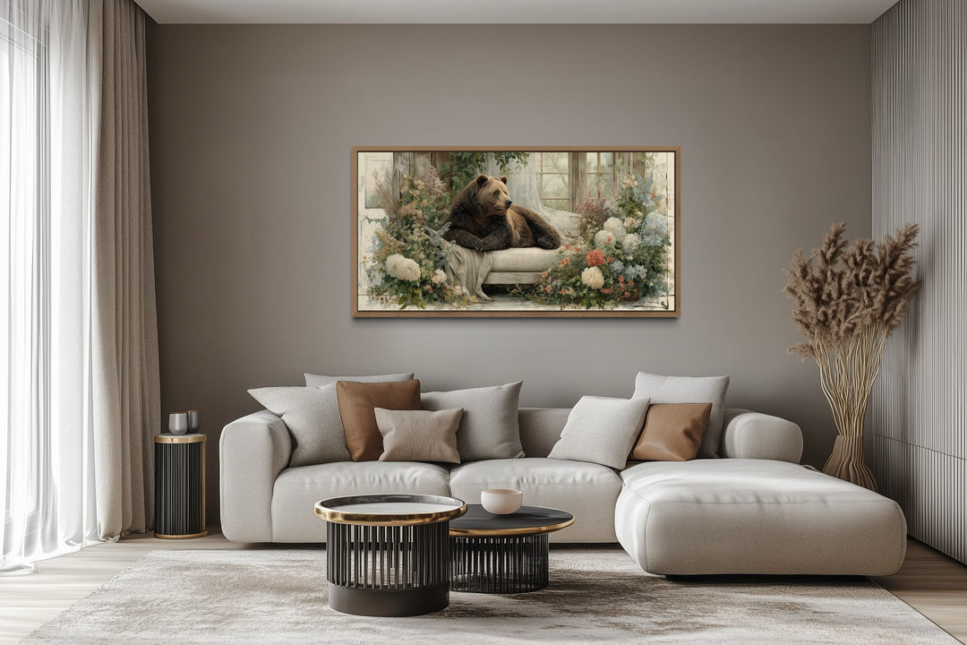 Bear on Couch Floral Canvas Wall Art