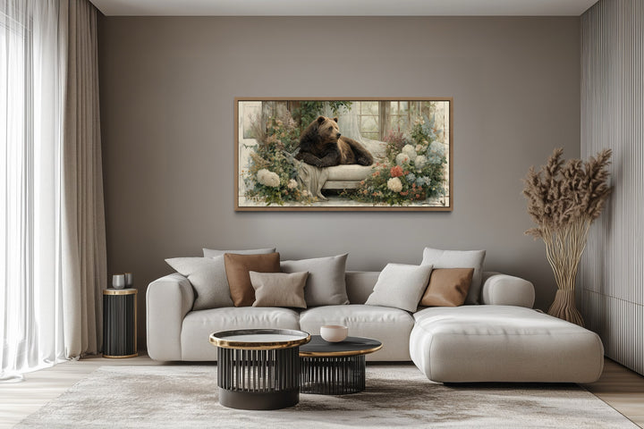 Bear on Couch Floral Canvas Wall Art