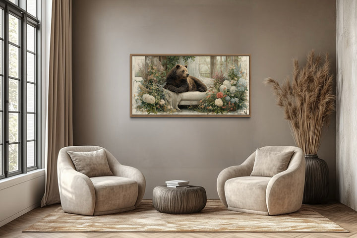 Bear on Couch Floral Canvas Wall Art