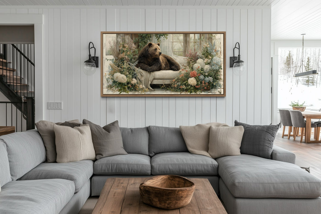 Bear on Couch Floral Canvas Wall Art